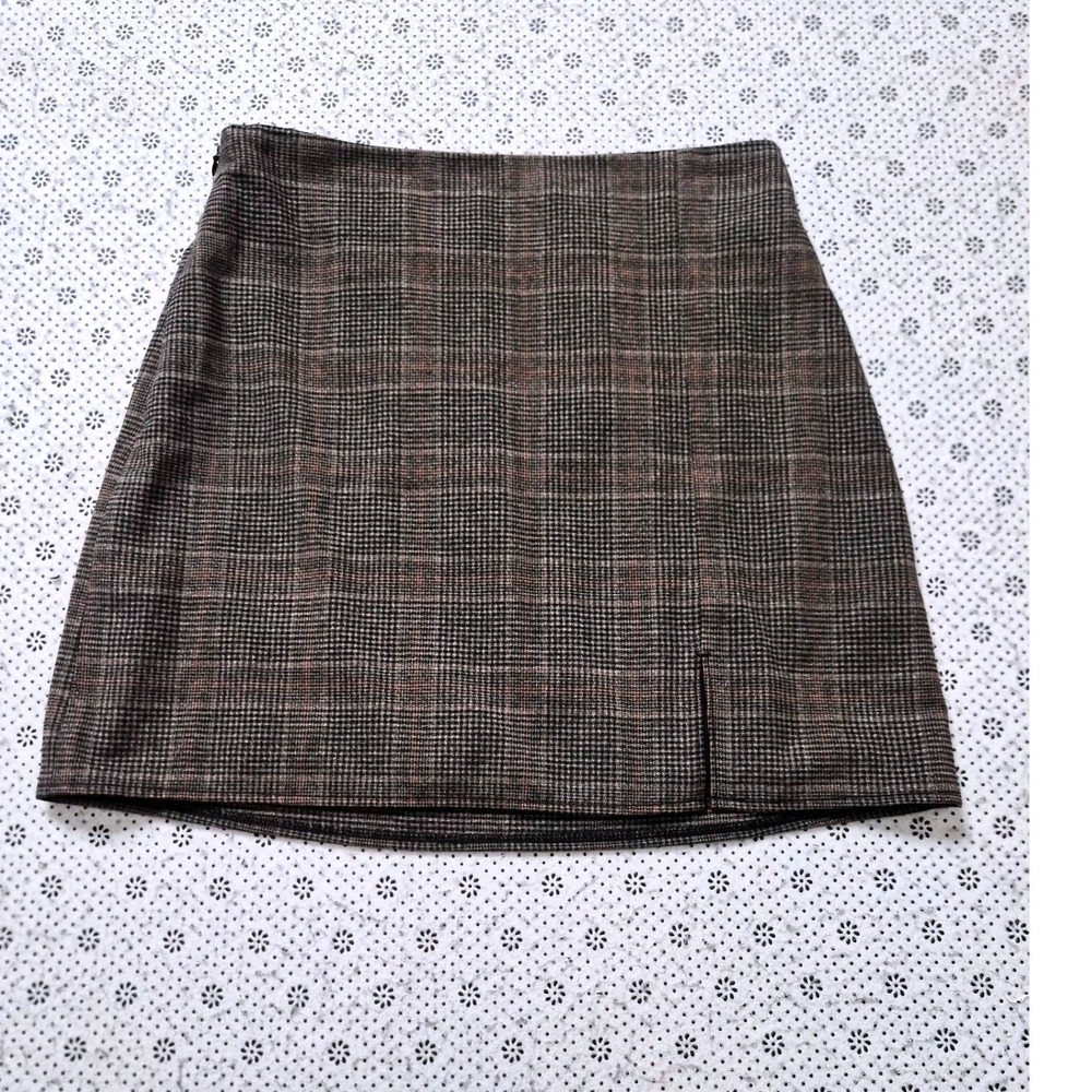 Old Navy Brown Glen Plaid Mini Skirt Side Zip Front Slit Size Small - Picture 1 of 6